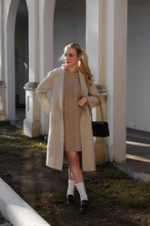 a lady in a brown hooded sweater dress and a beige wool long overcoat